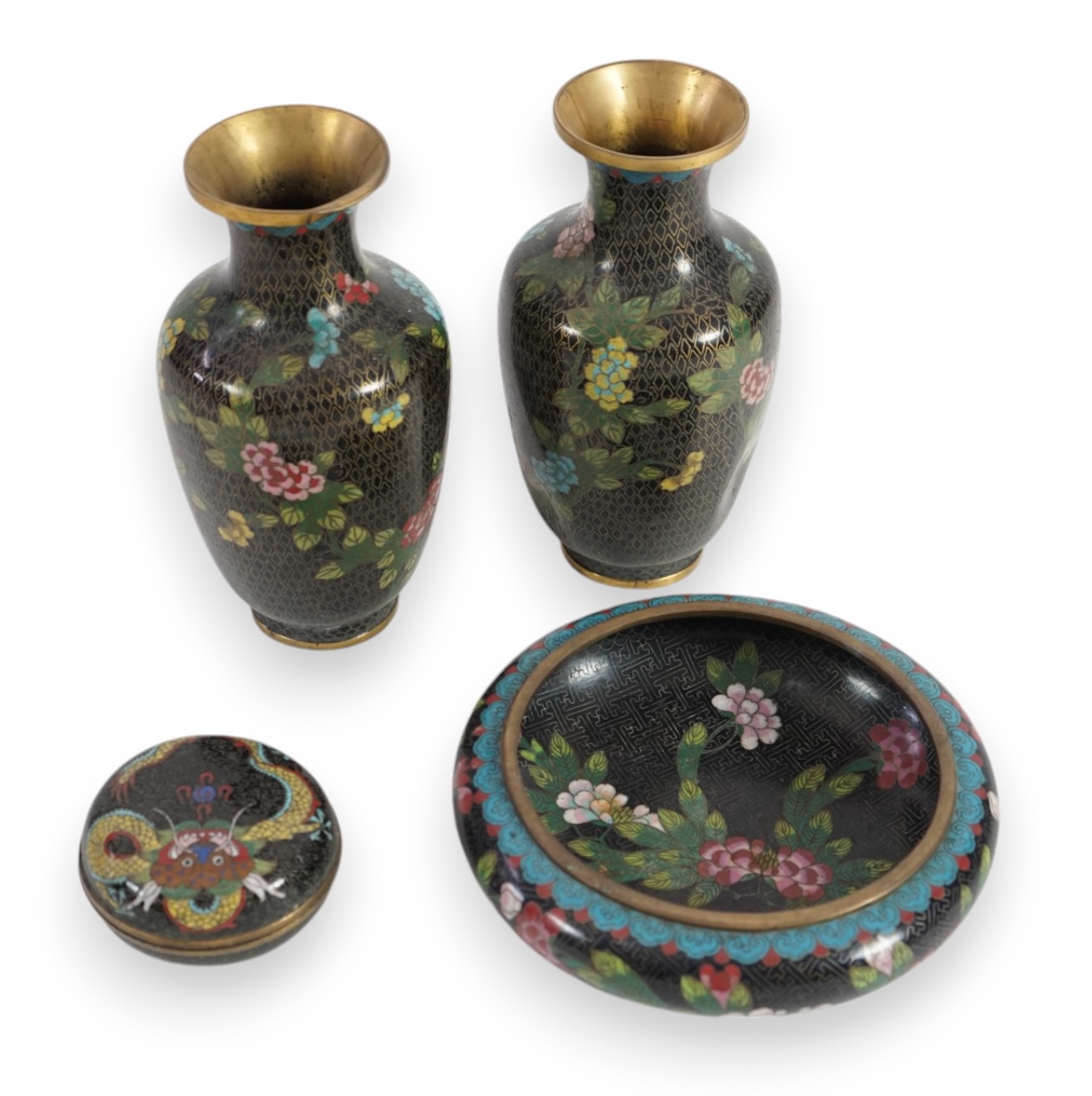 A group of modern Chinese black ground cloisonné wares